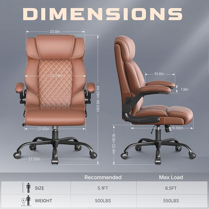 Office Chair-Executive High Back Breathable Big and Tall Office Chair Flip-up Armrests Lumbar Support-Ergonomic Leather Rolling Swivel Chair with Rock Function for Working Studying Gaming,2 Pack