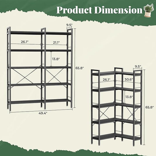 Huuger 5 Tier Bookshelf, L Shaped Corner Bookshelf with 10 Open Shelves, 49.4 Inch Straight Wide Bookcase with Metal Frame and Wooden Board, Adjustable Feet, Black