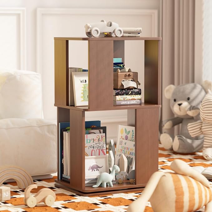 Easyego 2 Tier Solid Wood Rotating Bookshelf, 360° Upgrade Spinning Book Shelf, Revolving Bookcase Organizer, Swivel Bookshelves for Small Spaces, Corner, Bedroom, Kids Room, Office (Walnut)