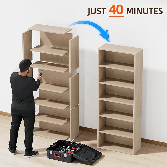 Furniwell 71" Tall Bookcase Bookshelves, 6 Tier Floor Standing Bookcases Open Frame, Modern Display Storage Organizer for Home Office, Living Room, Bedroom, Study Room (Beige, 1 Pcs)