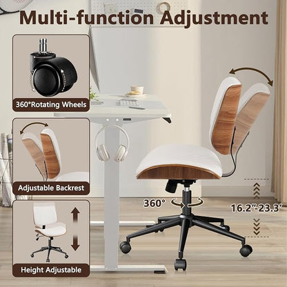 CLATINA Armless Home Office Chair, Desk Chair with Wheels, Adjustable Height Reading Chair, Leather Mid Back & Swivel Computer Chair, Modern Walnut Chairs with Back for Studio Meeting Room(White)