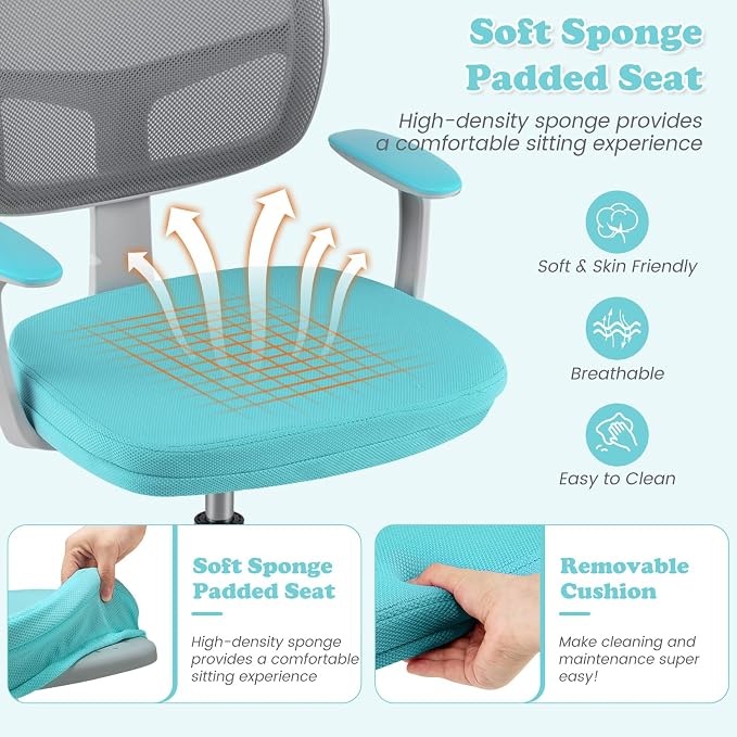 Giantex Kids Desk Chair, Ergonomic Adjustable Teen Task Chair w/Y-Shaped Lumbar Support, Armrest & Universal Wheels, Mesh Kid Office Chair for Sturdy, Kids Computer Chair for Boy Girl 4-12, Turquoise