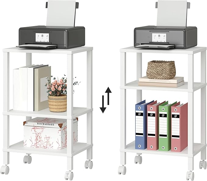 3-Tier Printer Stand with Storage, Mobile Printer Cart with Rolling Casters and Adjustable Feet, Under Desk Storage Shelf for Home Office,Small Printers, White, 15.7" x 11.8" x 25.9"