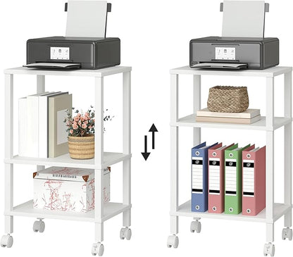 3-Tier Printer Stand with Storage, Mobile Printer Cart with Rolling Casters and Adjustable Feet, Under Desk Storage Shelf for Home Office,Small Printers, White, 15.7" x 11.8" x 25.9"