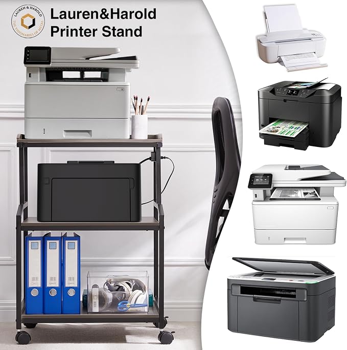 Lauren&Harold 34'' Printer Stand with Power Outlets & USB Ports, 3-Tier Adjustable Rolling Cart, Heavy Duty 150LBS Storage Table with Wheels for Office, Kitchen, Living Room, Grey/Black