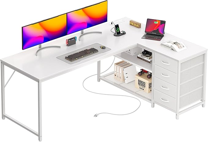 PRAISUN 61" L Shaped Desk with Power Outlets & USB-C Port, Reversible Computer Corner Office Desk with 4 Fabric Drawers and 2 Storage Shelves, Large Desk for Gaming Writing Study, White