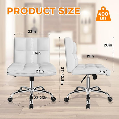 White Office Chair with Wheels - 360° Swivel Armless Back Support，Comfortable Pu Adjustable Rolling Desk Chairs for Office，Home，Vanity，Bedroom，Big Space(Widened White)
