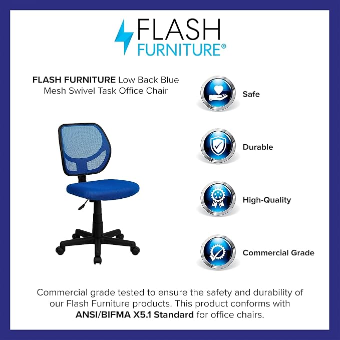 Flash Furniture Neri Low Back Blue Mesh Swivel Task Office Chair with Accordion Back Cover and Mesh Upholstered Seat