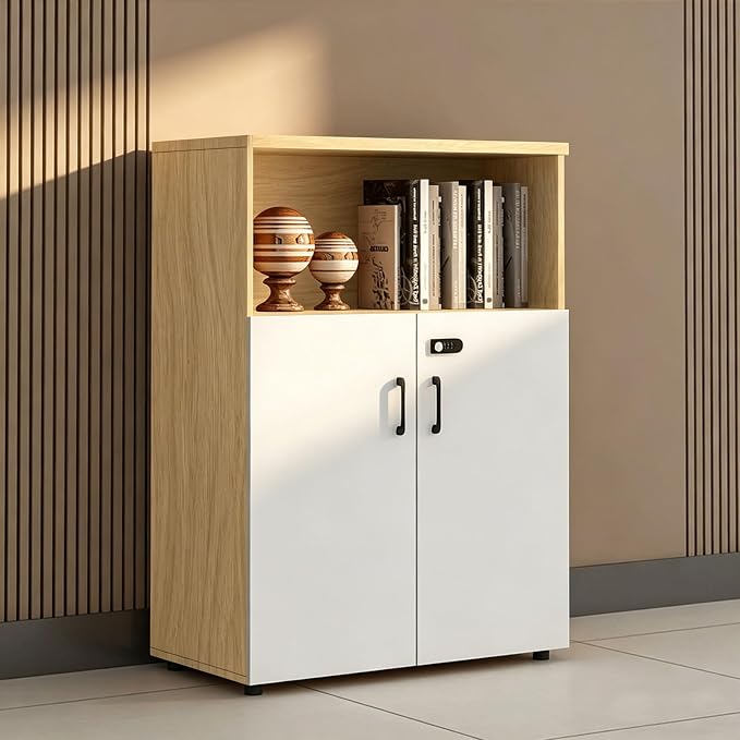File Cabinet with Password Lock, Wood Lateral Filing Cabinet for Letter/A4 Files, 3 Drawer with Door, Printer Stand with Open Shelves for Home Office