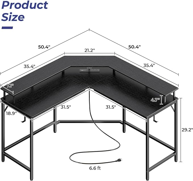 Huuger L Shaped Gaming Desk with Power Outlets & LED Lights, Computer Desk with Monitor Shelves, Home Office Desk, Corner Gaming Desk with Hooks, Black