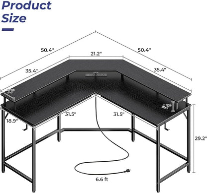 Huuger L Shaped Gaming Desk with Power Outlets & LED Lights, Computer Desk with Monitor Shelves, Home Office Desk, Corner Gaming Desk with Hooks, Black