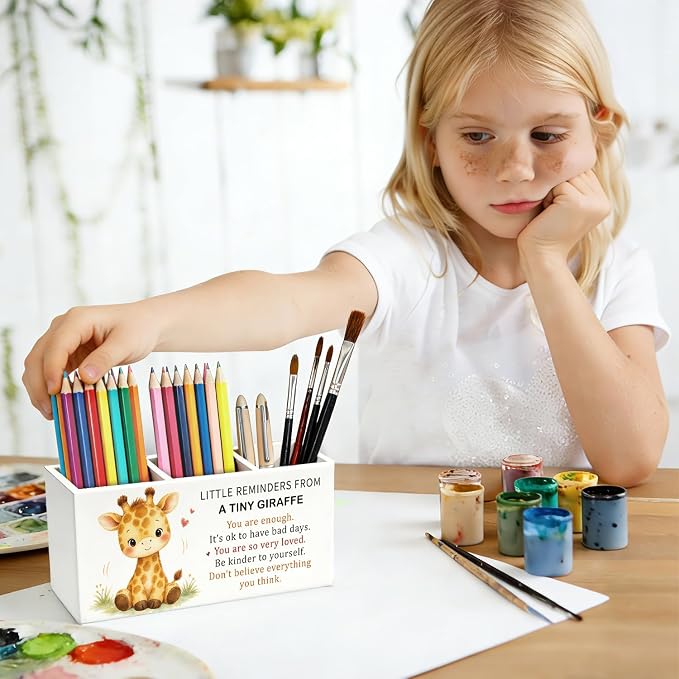 Positive Giraffe Pen Pencil Holder Desk Accessories Gifts for Women | Cute Giraffe Pen Pencil Wooden Organizer Office Accessories Decorations for Office Dorm Room Bedroom Tabletop Desk Decor