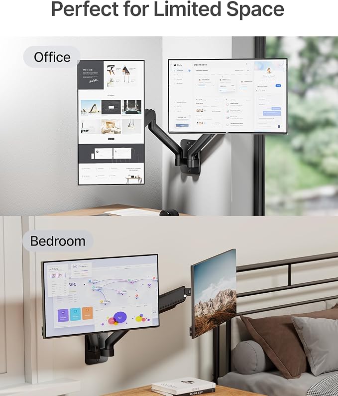monTEK Dual Monitor Wall Mount for 17 to 32 inch Flat/Curved Screens, Each Holds to 19.8 lbs, Full Motion Adjustable Mechanical Spring Monitor Arm, 75x75/100x100 VESA Wall Mount, Black