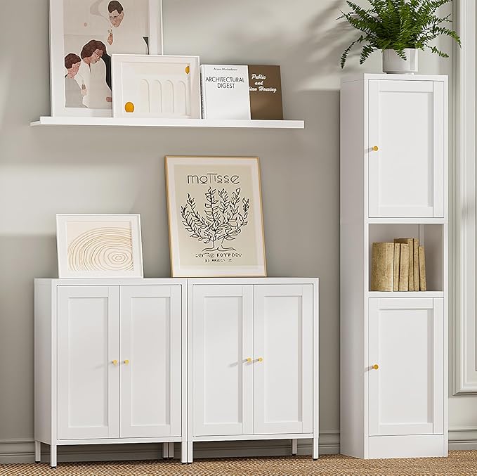 Bevivog Metal Bathroom Floor Storage Cabinet, Small Storage Sideboard with 2 Doors and 2 Adjustable Shelves, 12" Small Cabinets White Freestanding Locker for Entryway, Living Room, Hallway