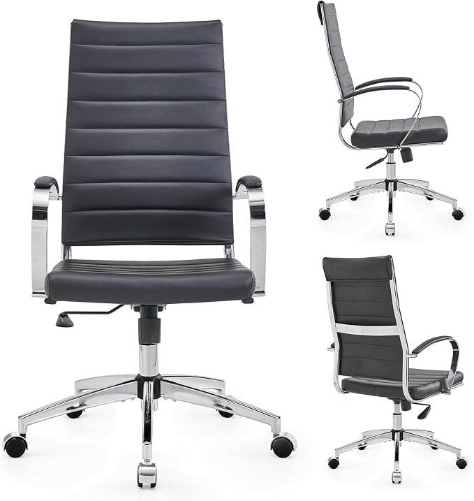 High Back Office Chair with Armrest, Black Adjustable Swivel Chair in Durable Vegan Leather, Ergonomic Desk Chair for Extra Back & Lumbar Support – Black