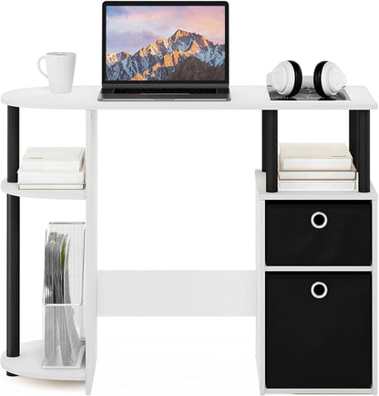 Furinno Jaya Desk, 38.4" Wide Gaming Desk with Bin Drawers, Computer Desk with Side Shelf, Office Desk for Study, Home Office, Bedroom, Dorm, Study Room, White