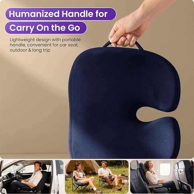 ZZ-WELL Seat Cushions for Office Chairs, Patented Pressure Relief Coccyx Cushion for Tailbone Pain, Memory Foam Butt Pillows for Wheelchair Car Sitting, Carrying Handle, Non-Slip (Navy Blue, Large)