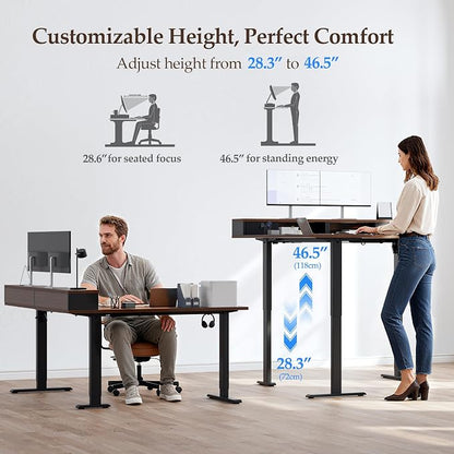 Klicelor L Shaped Electric Standing Desk 63 x 55.1 inch with Shelf, Height Adjustable Corner Desk, Sit Stand Desk with Storage Shelf, Home Office Computer Table, Dark Walnut