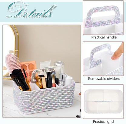 Marspark Bling Makeup Caddy Organizer with Handle, Sparkly Art Craft Holder, Glitter Bathroom Hair Caddy, Shimmer Pen Pencil Holder for Women Desk Organizer, Bling Gifts for Women(White,AB Diamond)