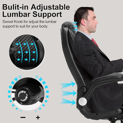 ZLHECTO® Big and Tall Executive Office Chair, PU Leather Swivel Desk Chair with Flip-up Arms, Adjustable Lumbar Support, Space-Saving Height Adjustable Rolling Computer Chair for Home & Office Use