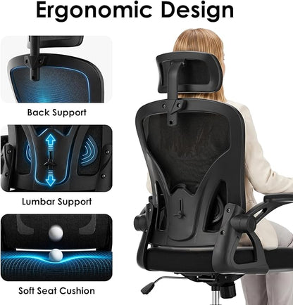 Farini Ergonomic Office Chair, Home Office Desk Chair with Headrest, High Back Swivel Computer Chair with Armrests and Adjustable Lumbar Support for Home Office Study Room, Black & Dark Black