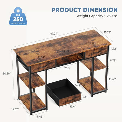 DUMOS 48" Small Computer Home Office Desk for Bedroom with Drawers, Gaming Writing Study Table with Storage Shelf, Adjustable Feet, Metal Frame Natural Brown