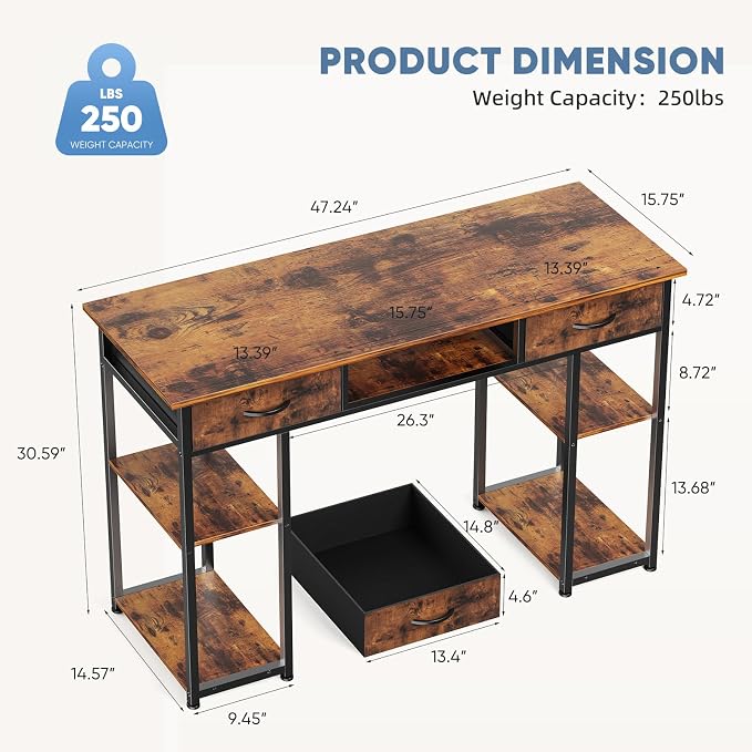 48" Small Gaming Desk with Drawers, Home Office Computer Writing Study Table with Storage Side Bag, Headphone Hook, and Adjustable Feet for Bedroom, Brown
