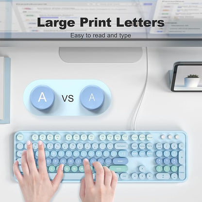 MOWUX Computer Keyboard Wired, Plug and Play USB Retro Round Typewriter Keyboard, Full Size Wired Keyboard with Foldable Stands for Laptop and Office PC-Blue with Large Print