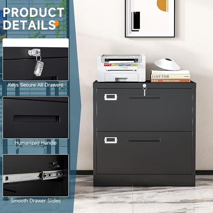 MIIIKO Lateral 2 Drawer File Cabinet, Black Metal Filing Cabinet with Lock, Drawer Storage File Cabinets for Home Office,Hanging Files Folders Letter/Legal/A4 Size