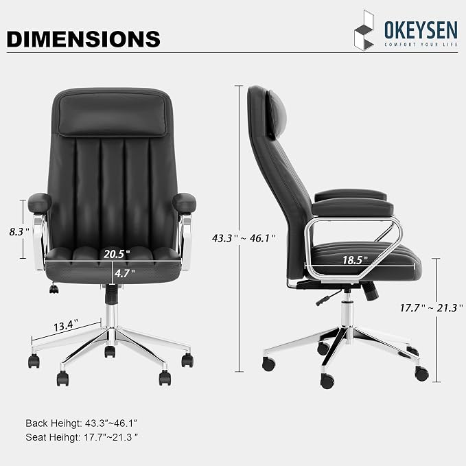 Okeysen Executive Office Chair, Modern Leather Chair with Headrest & Lumbar Support, High Back Ergonomic Chair with Padded Armrests & Seat, Height Adjustable Swivel Rolling Chair for Home Office.