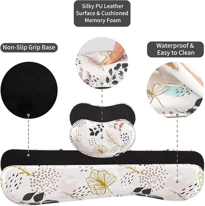 QIYI Leather Desk Mat Set, 4-in-1 Large Mouse Pad with Ergonomic Wrist Rest, Waterproof Desk Pad + Keyboard Wrist Rest + Mouse Wrist Support+Coaster, Non-Slip Office Gaming Accessories, Botanical Leaf