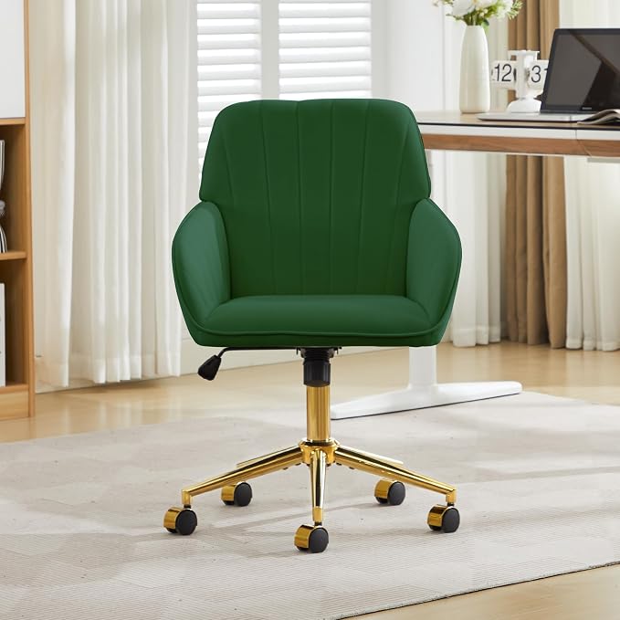 YITAI Velvet Office Desk Chair with Wheels and Gold Base,Modern Height Adjustable 360 Degree Swivel Upholstered Vanity Chairs with Arms for Living Room Bedroom, Study,Green