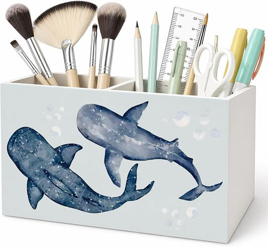 Whale Shark Beach Pen Pencil Holder for Desk Blue Whale Shark Gifts，Coastal Ocean Marine Biology Wooden Box Sign Decorations for Home Office Desk Tabletop，Beach Office Decor,