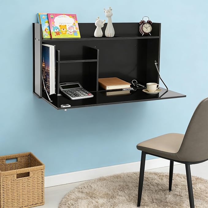 Wall Mounted Desk Cabinet, 31.5" Foldable Floating Desk with Storage, Wall-Mounted Computer Workstation, Space Saving Laptop Table for Home Office Study Room