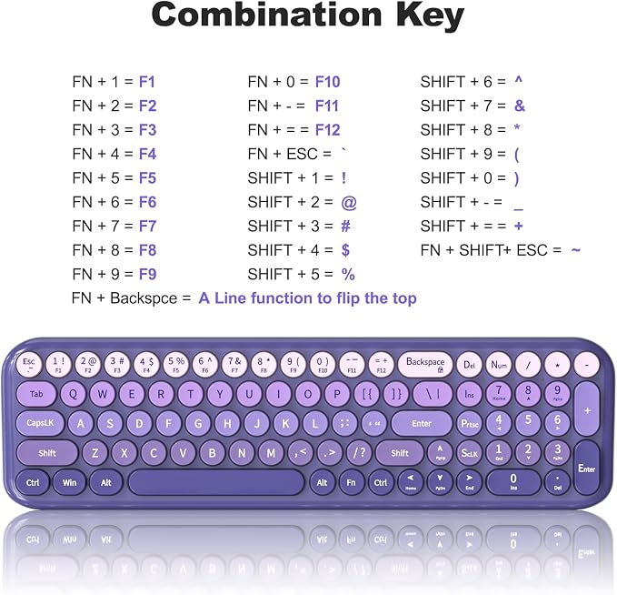Wireless Keyboard and Mouse Combo, MOWUX Compact Typewriter Retro Round Computer Keyboard, Cute Optical Mouse Wireless, Plug and Play, for Laptop, PC, Computer- Purple Gradient