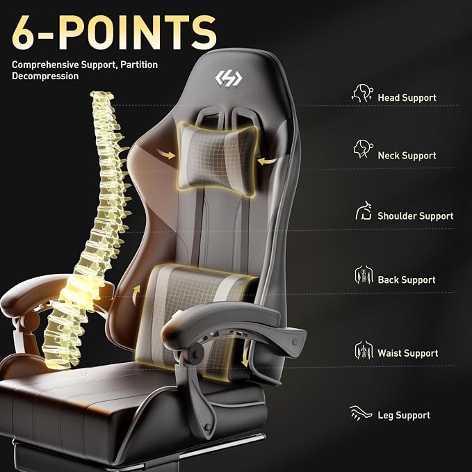 HLDIRECT Gaming Chair, Ergonomic Computer Office Chair with Lumbar Support Footrest Headrest, Adjustable Height & Backrest Angle Video Gamer Chair, PU Leather, 360° Swivel, Adult (Black&Grey)