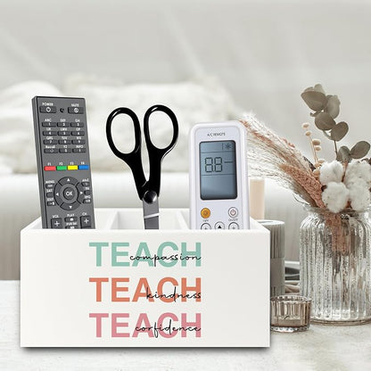 Teacher Pen Pencil Holder Organizer for Desk, Teacher Appreciation Gifts, Teach Compassion Kindness Confidence Wooden Box Sign for Classroom Office Workplace Desk Tabletop Decorations