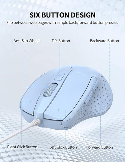 TECKNET Wired Mouse, 6-Button Corded with 4 Adjustable DPI, Optical Mouse with Ergonomic Design and 5FT Cord for Laptop, Chromebook, PC, Desktop, Mac, Notebook - LT.Blue