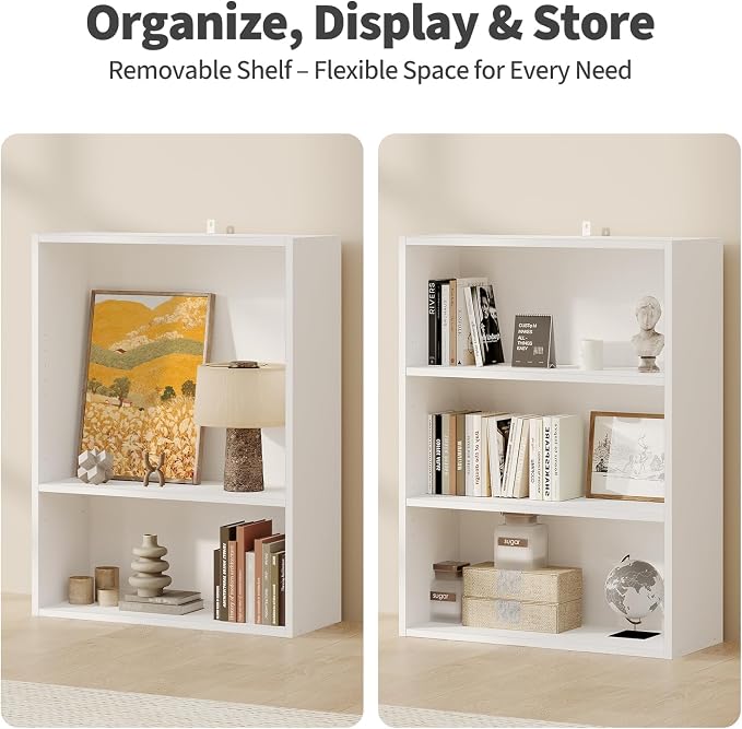 Sweetcrispy Industrial 3 Shelf Bookcase - Large 31.5 Inch Tall Floor Standing Open Bookshelf for Home Office, Living Room, and Bedroom Storage, Display Organizer, White