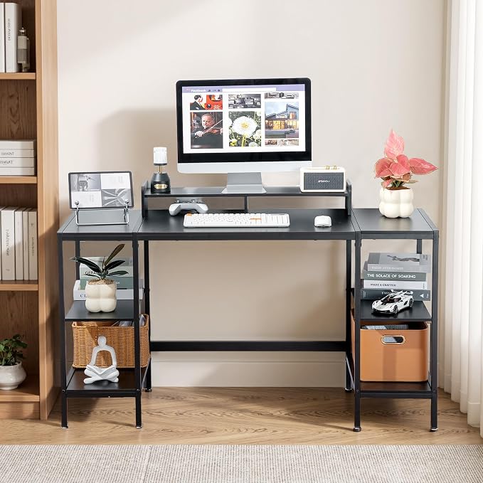 MINOSYS Computer Desk 55-inch with Storage Shelf - Black Ideal Gaming Desk for Bedrooms, Small Spaces, and Home Offices Modern Writing Desk for PCs.