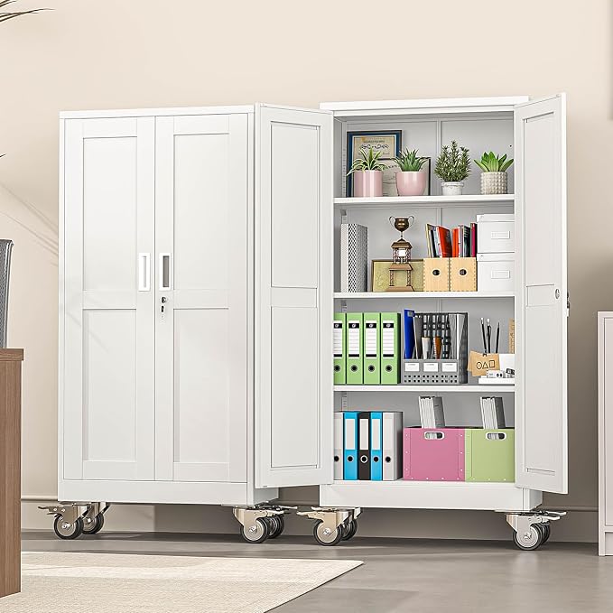pozdeg 61" Metal Garage Storage Cabinets with Wheels, Lockable Rolling File Cabinets with 2 Doors and 3 Adjustable Shelves, Steel Tool Organizer Locker for Office Home Garage Gym School, White