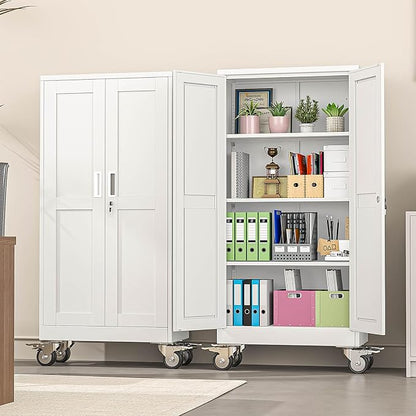 pozdeg 61" Metal Garage Storage Cabinets with Wheels, Lockable Rolling File Cabinets with 2 Doors and 3 Adjustable Shelves, Steel Tool Organizer Locker for Office Home Garage Gym School, White