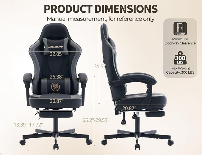 Office Desk Computer Gaming Chair for Adults, Ergonomic High Back Gamer Chair with Massage and Pocket Spring Cushion, Swivel Comfy Video Game Chairs with Footrest and Lumbar Support (Black Grey)