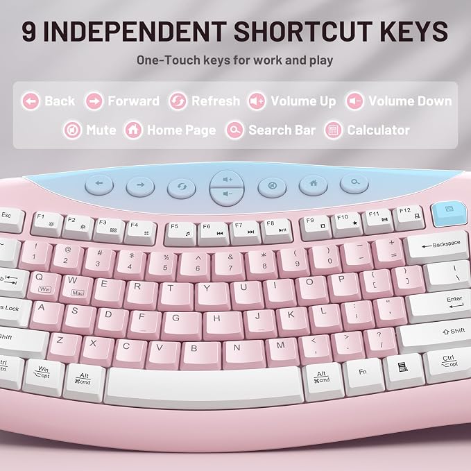 Wireless Keyboard and Mouse Combo,2.4G Full Size Ergonomic Curved Silent Keyboard with Fn Multimedia Keys for Office and Home, 3-DPI Quiet Mouse for Windows,Mac OS Desktop/Laptop/PC (Light Pink-A)