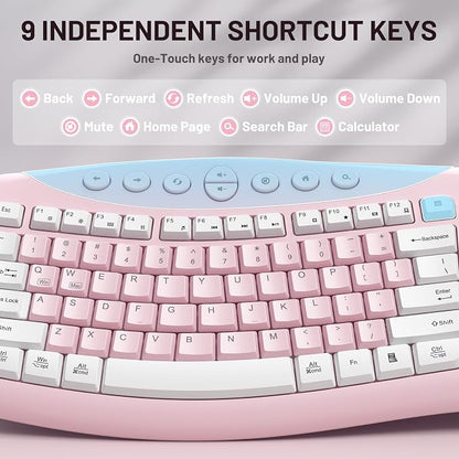 Wireless Keyboard and Mouse Combo,2.4G Full Size Ergonomic Curved Silent Keyboard with Fn Multimedia Keys for Office and Home, 3-DPI Quiet Mouse for Windows,Mac OS Desktop/Laptop/PC (Light Pink-A)