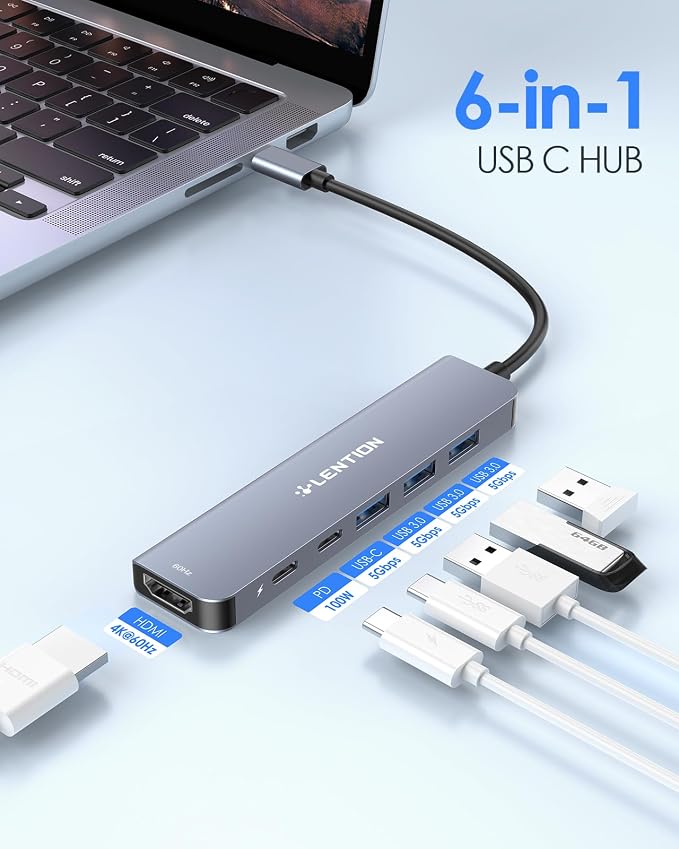 LENTION 6-in-1 USB C Hub, 4K@60Hz HDMI, 100W PD, 3 USB 3.0, USB-C Data | Ideal for Work & Study, Stable Driver 3.0 Adapter, Compatible with macOS, iOS/iPadOS, Windows & ChromeOS (CE35p, Space Gray)