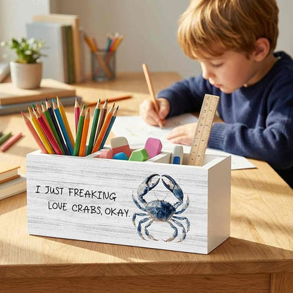 Coastal Beach Crab Pencil Pen Holder for Desk Organizer, Crab Gifts, I Just Freaking Love Crabs Okay Wooden Box Decorations for Home Office Bedroom Desk Tabletop Decor