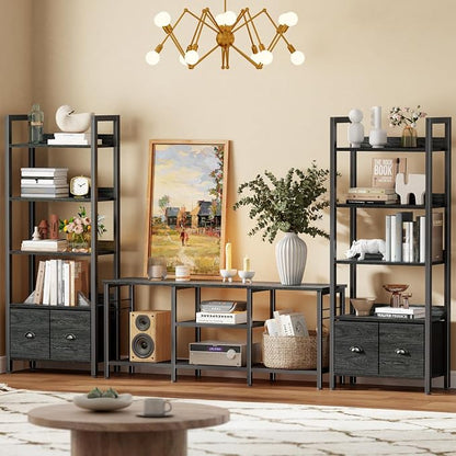 Furologee 5-Tier Bookshelf Set of 2, Tall Bookcase with 2 Drawers and Shelves, Industrial Display Free Standing Shelf Units, Storage Rack Organizer for Bedroom, Living Room, Home Office, Black Oak