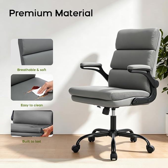 Office Chair Adjustable Desk Chair Mid Back Executive Comfortable Bonded Leather Ergonomic Back Support Home Computer Chair with Padded Flip-up Armrest Swivel Wheels (Gray)