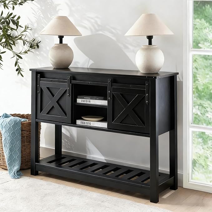 3 Piece Living Room Tables Set of 3, Farmhouse Entryway Table with Storage and End Tables with Charging Station, Sliding Door Console Table Set, Rustic Sofa Set for Hallway, Black